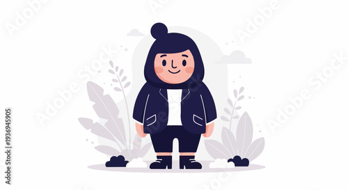 Cartoonish character with dark outfit standing among stylized plants and clouds