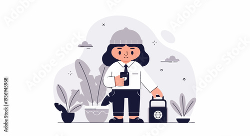 A cheerful person in a hat holds a phone and a lunchbox among plants and abstract shapes