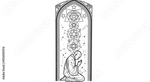 Monk Praying Under Sacred Geometry Chakra Archway
