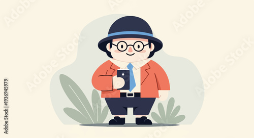 A cartoon character in a hat, glasses, suit, and holding a phone