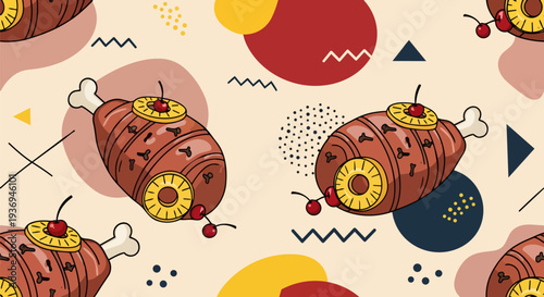Festive Christmas Ham Pattern: Abstract Geometric Texture with Pineapple and Cherry Garnish