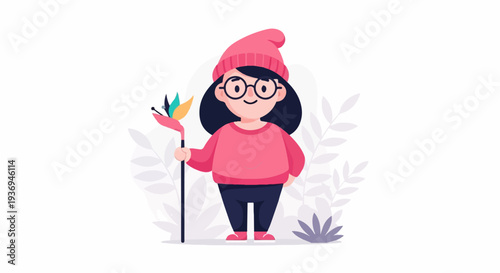 A cartoon child in a pink hat and sweater holds a vibrant flower, with faint foliage