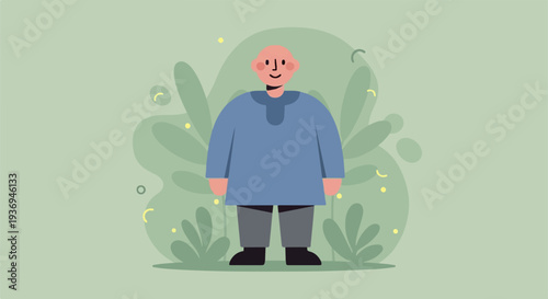 A stylized, bald, cartoon person with rosy cheeks stands amidst abstract green foliage and tiny yellow dots