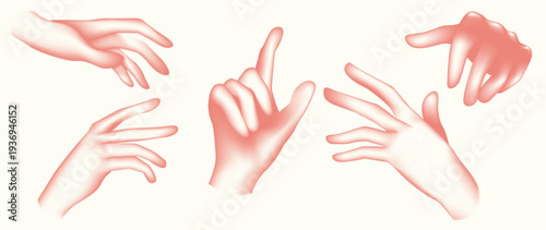 A set of five stylized hand illustrations in soft pink and white gradients, showing expressive gestures such as pointing, reaching, and delicate touching.