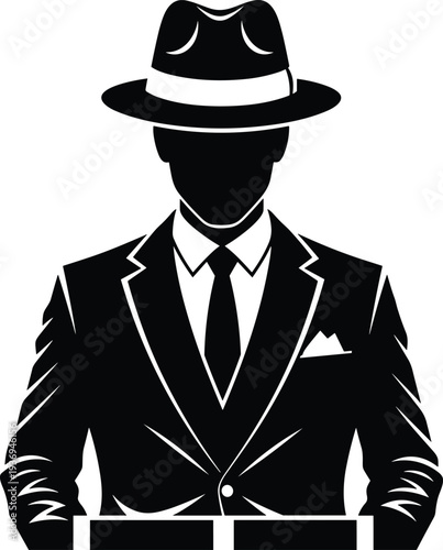 Black and white vector illustration of a mysterious man wearing a suit, tie, and fedora hat silhouette for detective noir. (20 words)