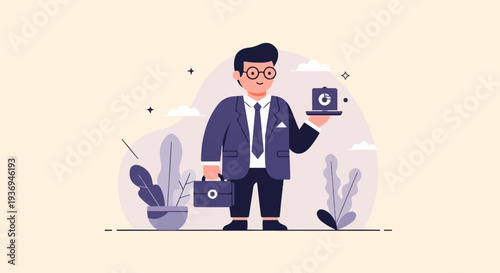 Business professional in a suit holding a briefcase and a laptop with a chart