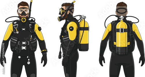 Set of male scuba diver character in black and yellow wetsuit with oxygen tank mask and fins in different views,