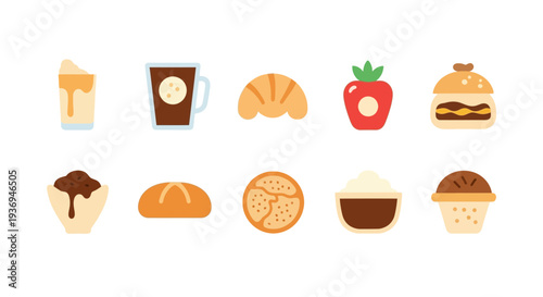 Vibrant flat design food icon collection featuring bakery items, sweet treats, and savory snacks. Perfect for menus, applications, and web graphics illustrating diverse culinary options
