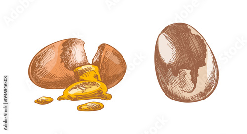 Hand drawn vintage egg and cracked egg with yolk engraving style culinary food illustration set