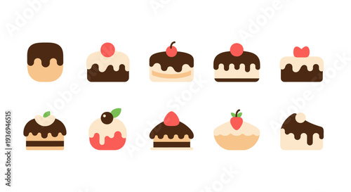 A delightful collection of flat design dessert icons featuring various cakes and pastries, perfect for sweet-themed projects and web applications
