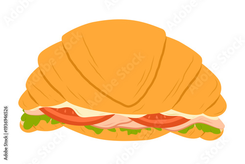Croissant sandwich with ham, cheese and vegetables. Flat vector illustration isolated on white background