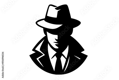 Black and white detective silhouette with top hat and magnifying glass icon vector illustration