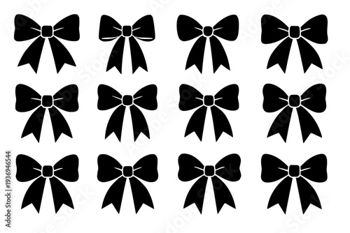 Set of twelve black silk bow ties isolated on white background minimalist design