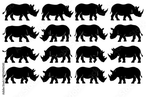 Black rhinoceros silhouettes walking, various poses, white background