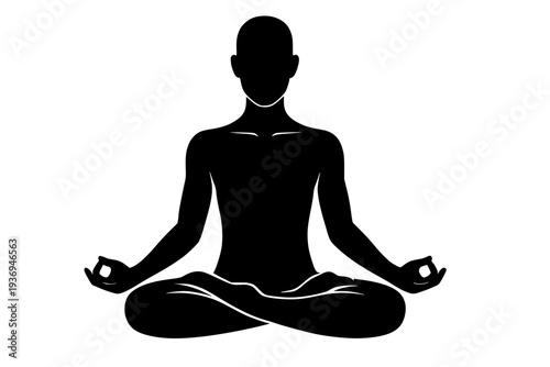 Silhouette person meditating yoga pose minimalist black white illustration zen relaxation