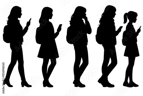 Group of diverse women using smartphones walking together in flat design minimalist style
