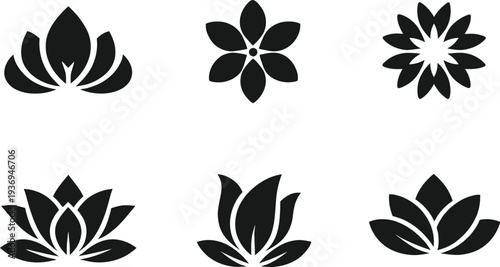Set of lotus and flower silhouette logos isolated on transparent background. Perfect for spa, yoga studios, wellness brands, beauty salons and meditation businesses.