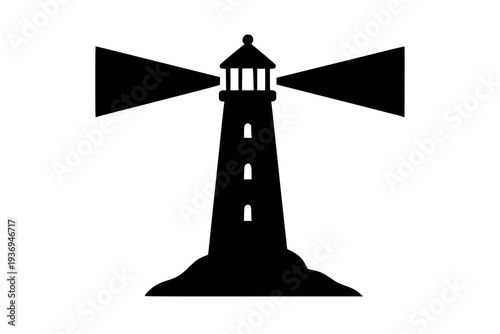 Minimalist lighthouse beacon silhouette with searchlight rays on dark gradient background