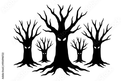 Haunted dead trees with glowing eyes silhouette spooky horror forest vector illustration