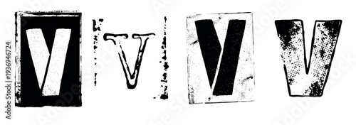 Uppercase Letter V variations in Grunge Stamp style. Black Retro Typography elements for Collage and Poster Design