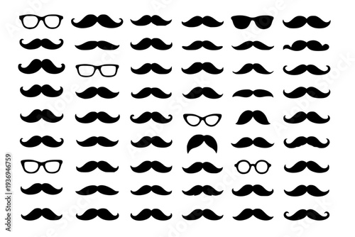Collection of black mustache and eyeglass icons vector set isolated on white background