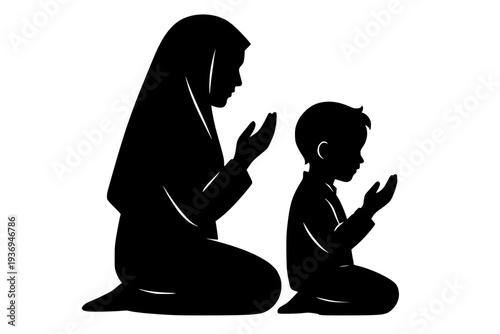 Muslim woman and child praying together in traditional Islamic worship silhouette