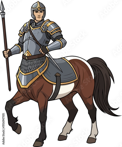 Armored centaur knight standing with a long wooden spear