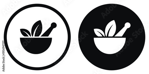 Herbal Medicine and Pharmacy Icons, vector illustration set featuring mortar, pestle, and organic leaves, symbolizing wellness, natural remedies, grinding, and pharmaceutical or healthcare concepts