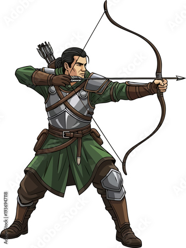 Armored human ranger drawing a longbow for a precise shot