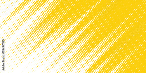 Yellow halftone corner gradient texture. Fading cartoon polka dot background. Dotted tilted gradation pattern. Fading comic pop art overlay backdrop. Vector slant frame halfton patern effect wallpaper