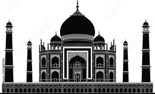 Black and white vector illustration of the Taj Mahal monument silhouette with detailed architecture isolated on a plain white background.
