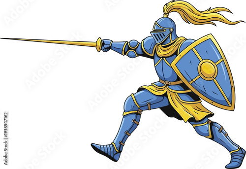 Blue armored knight charging with a long spear and shield