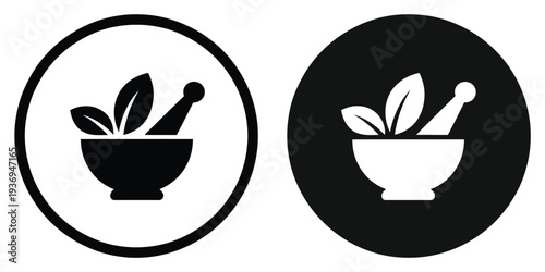 Herbal Medicine and Pharmacy Icons, professional vector pack showing mortar and pestle, medicinal herbs, and organic leaf symbols, isolated illustrations ideal for wellness, natural remedies,