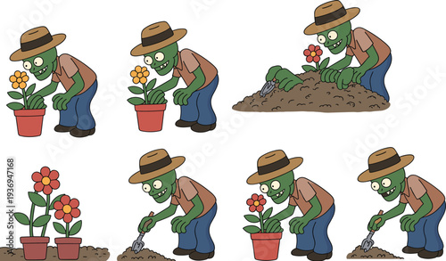 Cartoon illustration of green-skinned character in hat and overalls engaging in gardening activities, planting colorful flowers, digging soil, and nurturing plants with humorous design