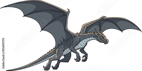 Black dragon soaring in flight with large span of wings