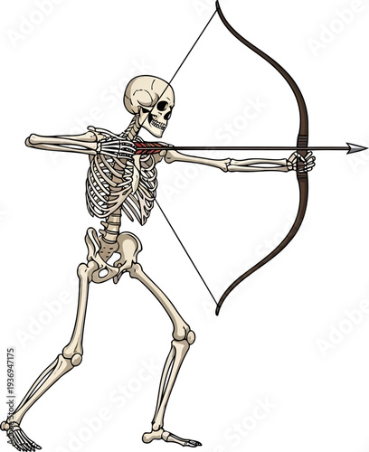 Bony undead marksman aiming a wooden bow with a sharp arrow