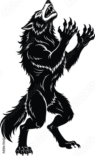 Black and white howling werewolf silhouette vector illustration of a bipedal mythical creature with sharp claws and fur for Halloween.