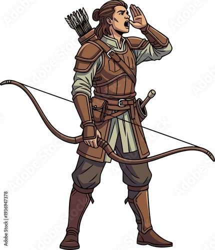 Fantasy archer shouting while holding a wooden longbow