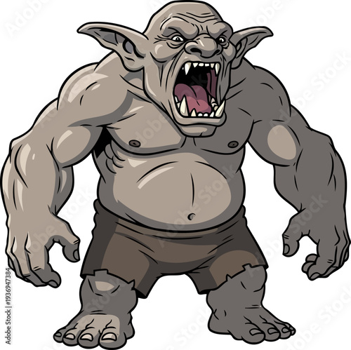 Ferocious grey ogre roaring with mouth wide open