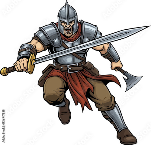 Fierce armored warrior charging with a sword and a hand axe