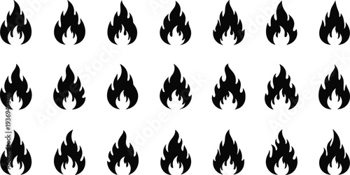 Black Fire Flame Silhouette Set with Various Spark, Heat, and Blaze Icons for Burn, Campfire, Hot Temperature, and Energy Design Elements.