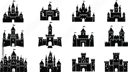Black Castle Silhouette Vector Icons Set, Medieval Fortress Palace Architecture Symbols, Fairytale Kingdom Tower Elements, Royal Citadel Crest Collection Isolated