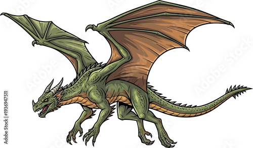 Green dragon flying with large wings spread wide in mid-air