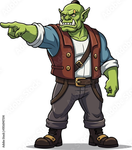 Green orc commander pointing forward in leather vest outfit