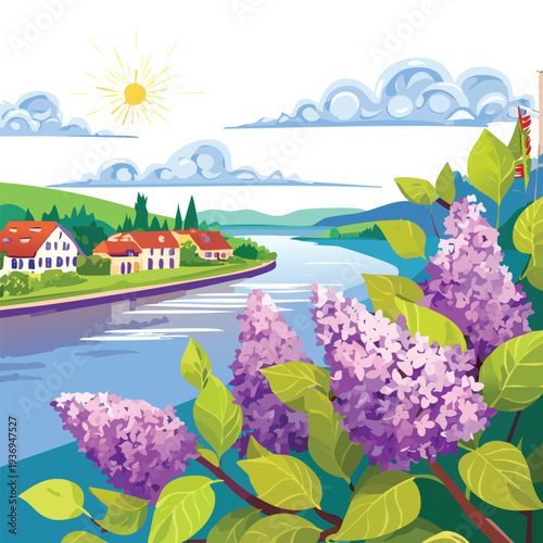 Vibrant lilac blossoms and idyllic riverside landscape