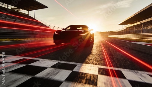 Speed and Victory: A sleek race car streaks across the finish line at a thrilling race, capturing the adrenaline of the sport