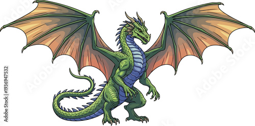 Green scaled dragon standing alert with large leathery wings
