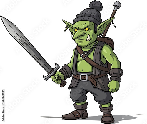 Green goblin mercenary holding a long sword and wearing a beanie