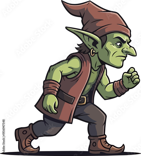 Grumpy green goblin walking with a determined mean expression