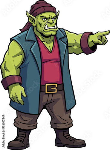 Green-skinned orc pirate captain gesturing towards a target